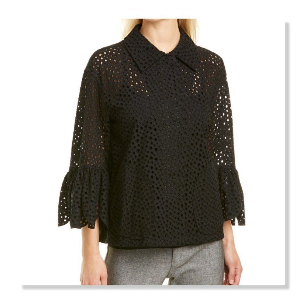 Akris Punto Eyelet Embroidered Lattice Top size 14 in Black - NEW